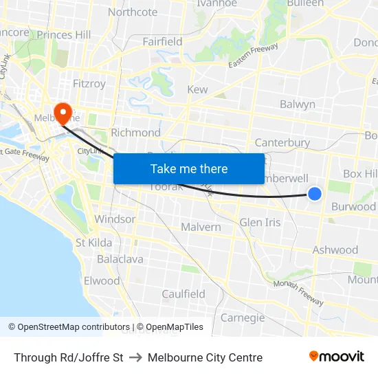 Through Rd/Joffre St to Melbourne City Centre map