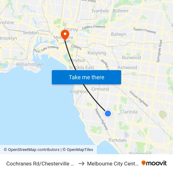Cochranes Rd/Chesterville Rd to Melbourne City Centre map