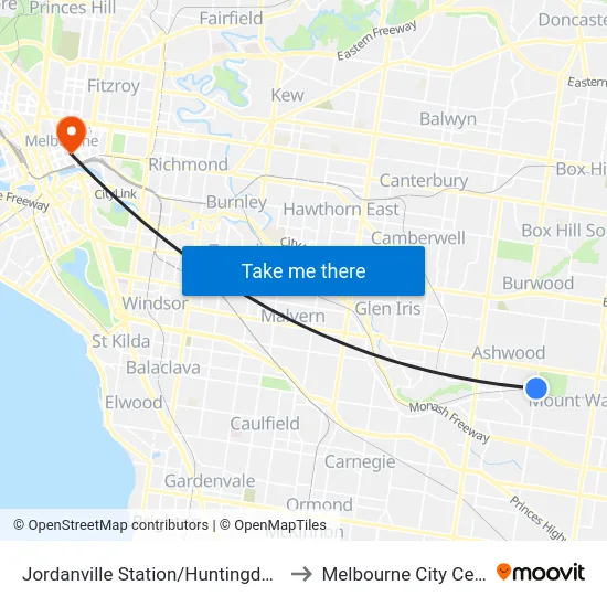 Jordanville Station/Huntingdale Rd to Melbourne City Centre map
