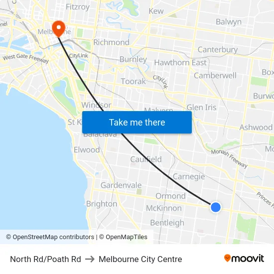 North Rd/Poath Rd to Melbourne City Centre map
