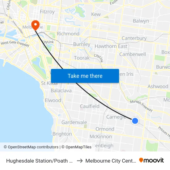 Hughesdale Station/Poath Rd to Melbourne City Centre map