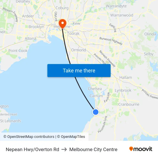 Nepean Hwy/Overton Rd to Melbourne City Centre map