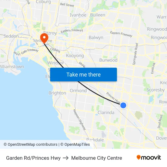 Garden Rd/Princes Hwy to Melbourne City Centre map