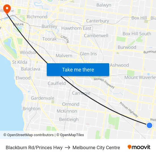 Blackburn Rd/Princes Hwy to Melbourne City Centre map
