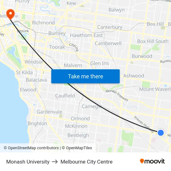 Monash University to Melbourne City Centre map