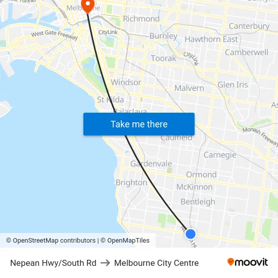 Nepean Hwy/South Rd to Melbourne City Centre map