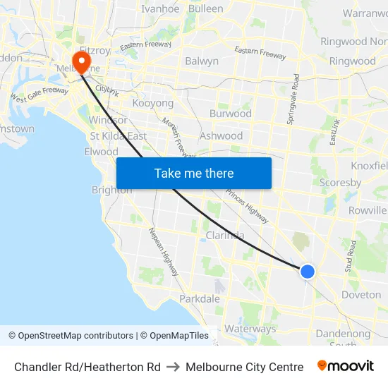 Chandler Rd/Heatherton Rd to Melbourne City Centre map