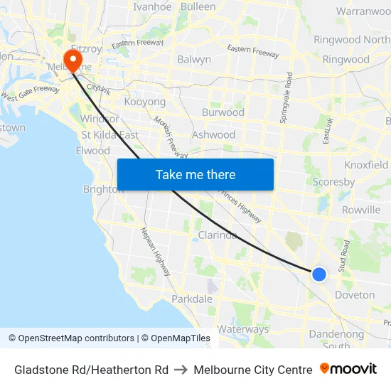 Gladstone Rd/Heatherton Rd to Melbourne City Centre map