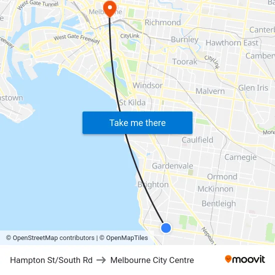 Hampton St/South Rd to Melbourne City Centre map