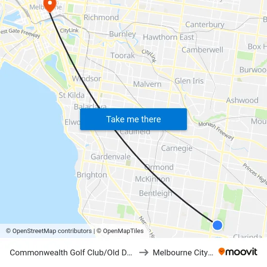 Commonwealth Golf Club/Old Dandenong Rd to Melbourne City Centre map