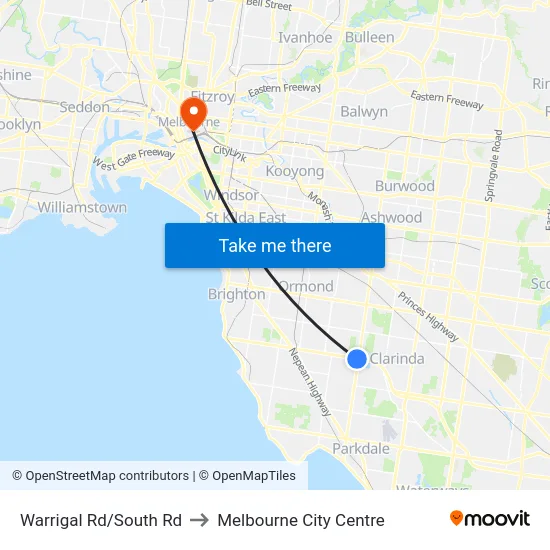 Warrigal Rd/South Rd to Melbourne City Centre map