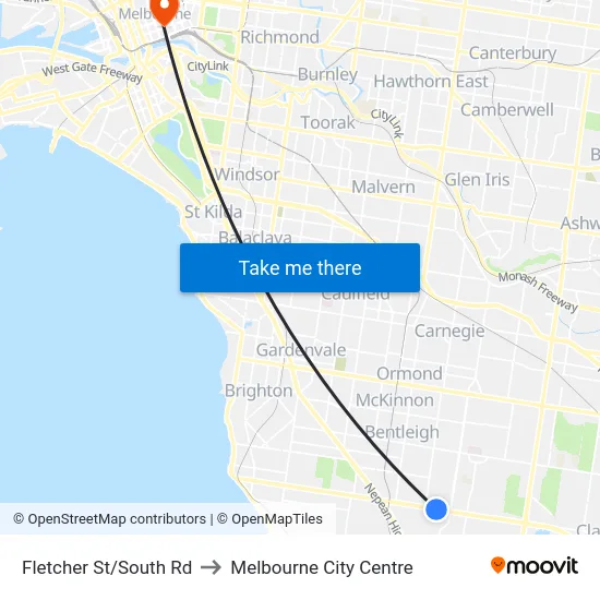 Fletcher St/South Rd to Melbourne City Centre map