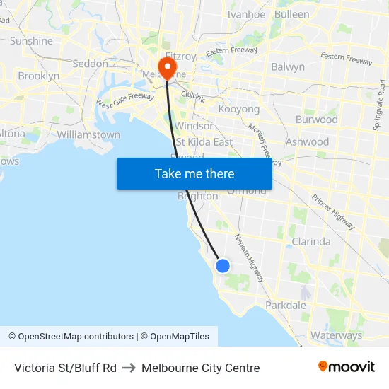 Victoria St/Bluff Rd to Melbourne City Centre map