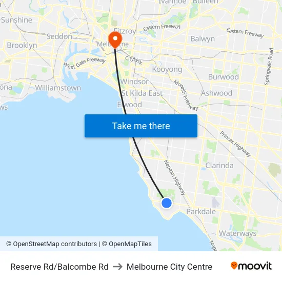 Reserve Rd/Balcombe Rd to Melbourne City Centre map