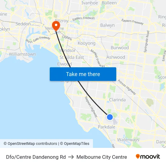 Dfo/Centre Dandenong Rd to Melbourne City Centre map