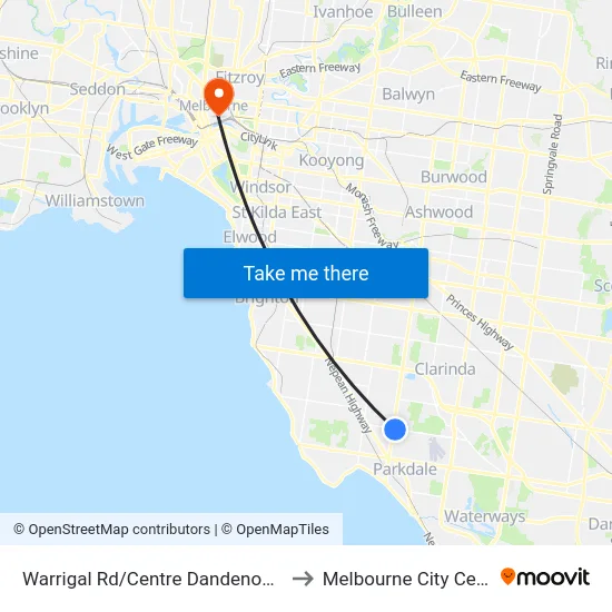 Warrigal Rd/Centre Dandenong Rd to Melbourne City Centre map