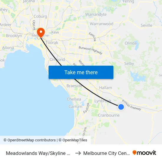 Meadowlands Way/Skyline Way to Melbourne City Centre map