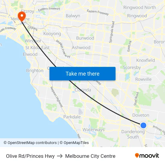 Olive Rd/Princes Hwy to Melbourne City Centre map