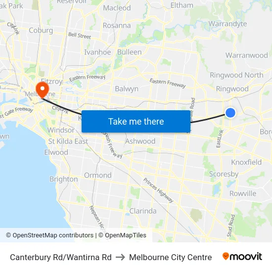 Canterbury Rd/Wantirna Rd to Melbourne City Centre map