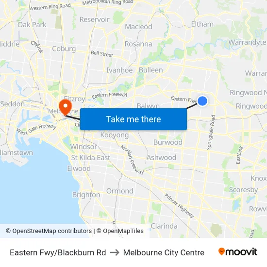 Eastern Fwy/Blackburn Rd to Melbourne City Centre map
