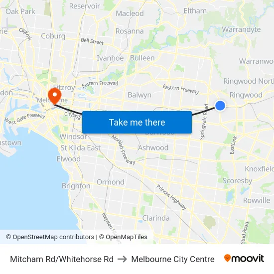 Mitcham Rd/Whitehorse Rd to Melbourne City Centre map