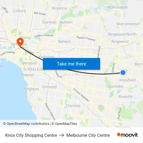 Knox City Shopping Centre to Melbourne City Centre map