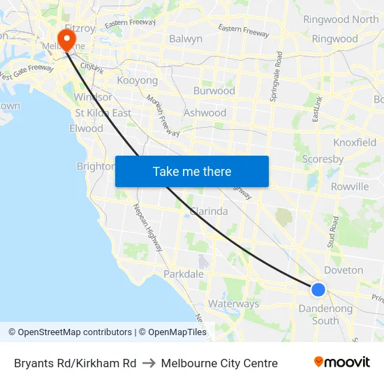 Bryants Rd/Kirkham Rd to Melbourne City Centre map