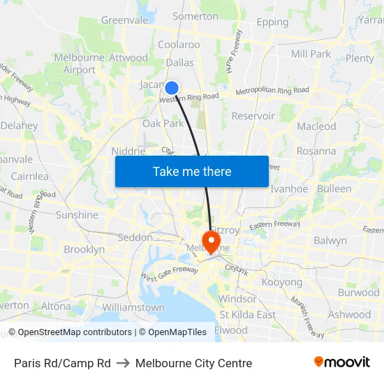 Paris Rd/Camp Rd to Melbourne City Centre map