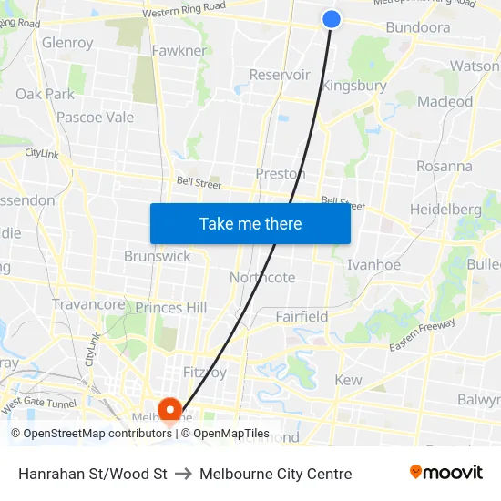 Hanrahan St/Wood St to Melbourne City Centre map