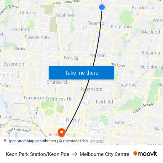Keon Park Station/Keon Pde to Melbourne City Centre map