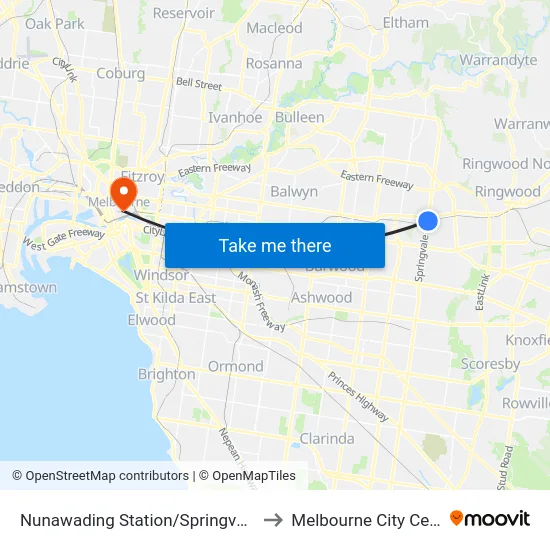 Nunawading Station/Springvale Rd to Melbourne City Centre map