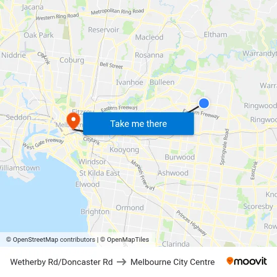 Wetherby Rd/Doncaster Rd to Melbourne City Centre map