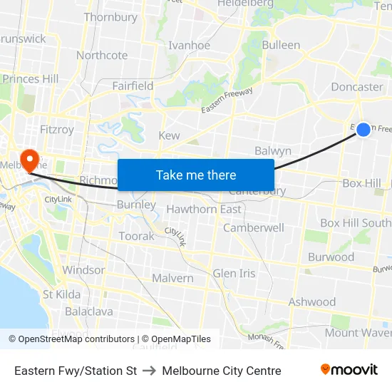Eastern Fwy/Station St to Melbourne City Centre map