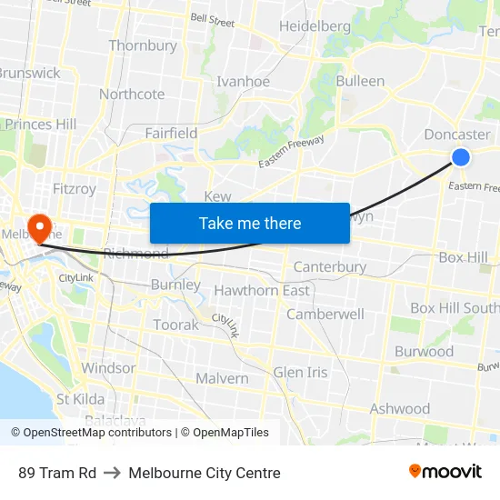 89 Tram Rd to Melbourne City Centre map