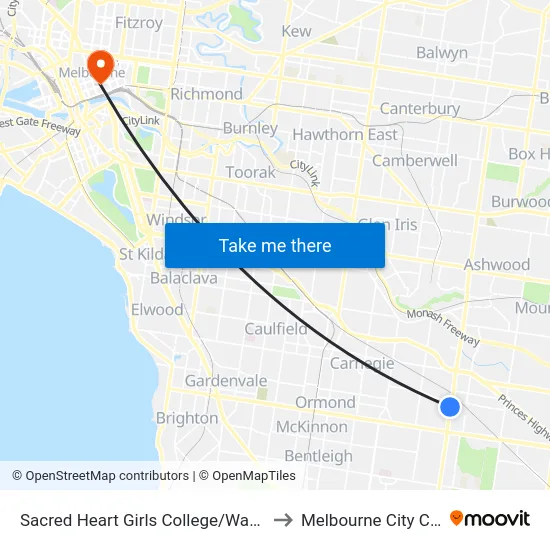 Sacred Heart Girls College/Warrigal Rd to Melbourne City Centre map