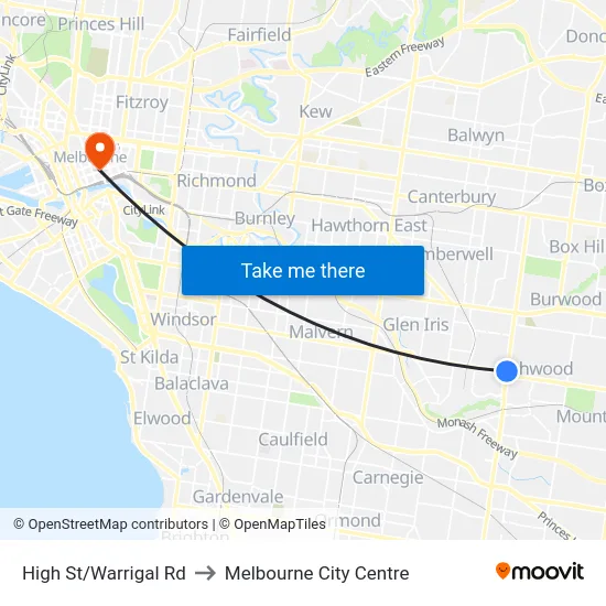 High St/Warrigal Rd to Melbourne City Centre map