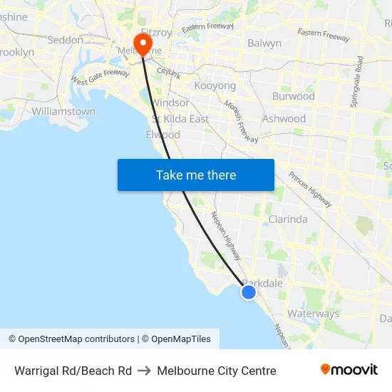 Warrigal Rd/Beach Rd to Melbourne City Centre map