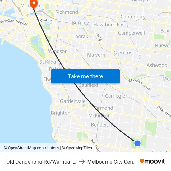 Old Dandenong Rd/Warrigal Rd to Melbourne City Centre map