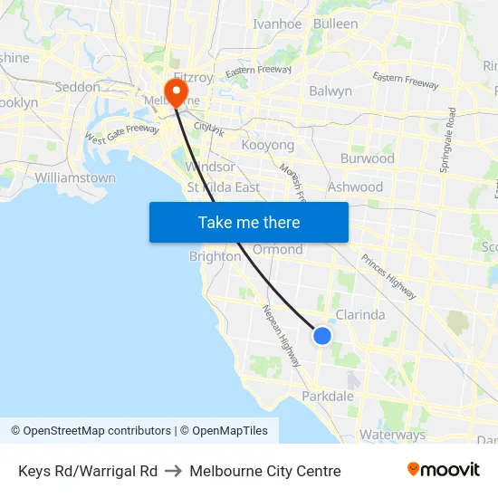 Keys Rd/Warrigal Rd to Melbourne City Centre map