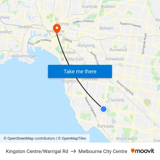 Kingston Centre/Warrigal Rd to Melbourne City Centre map