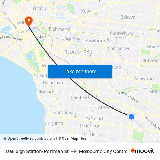 Oakleigh Station/Portman St to Melbourne City Centre map