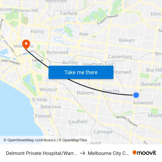 Delmont Private Hospital/Warrigal Rd to Melbourne City Centre map