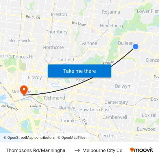 Thompsons Rd/Manningham Rd to Melbourne City Centre map