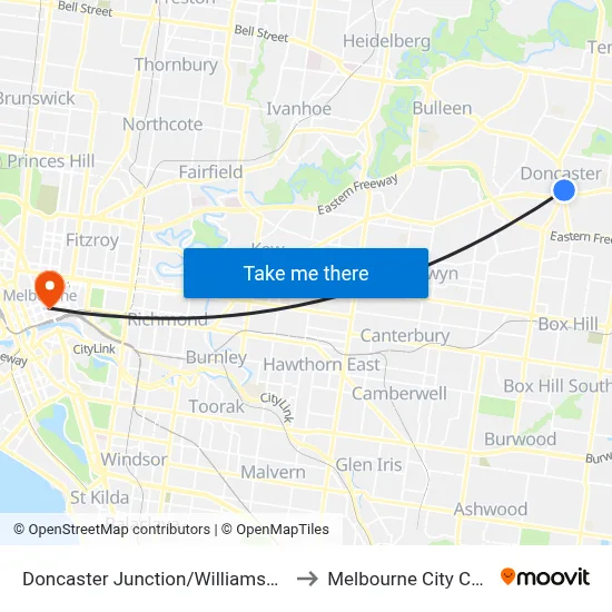 Doncaster Junction/Williamsons Rd to Melbourne City Centre map