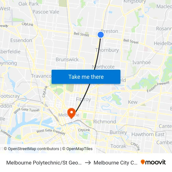Melbourne Polytechnic/St Georges Rd to Melbourne City Centre map