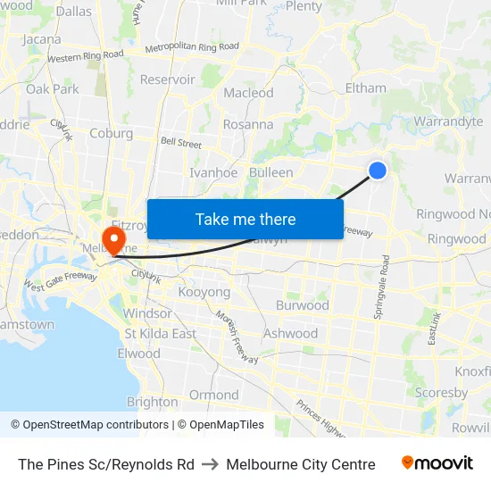 The Pines Sc/Reynolds Rd to Melbourne City Centre map