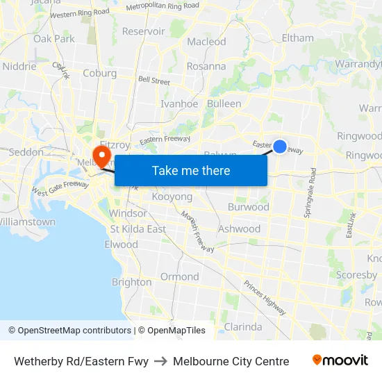 Wetherby Rd/Eastern Fwy to Melbourne City Centre map