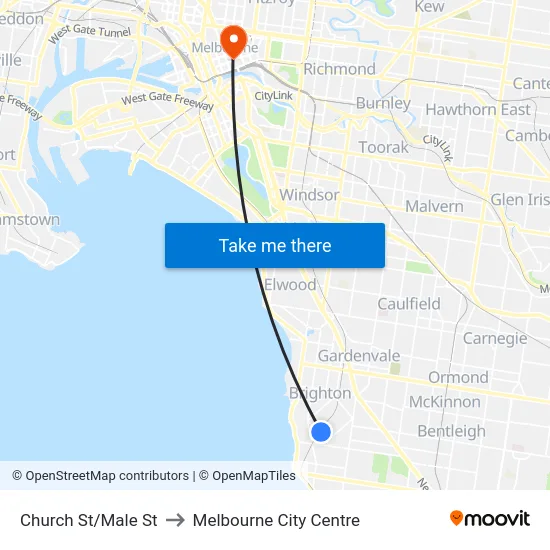 Church St/Male St to Melbourne City Centre map