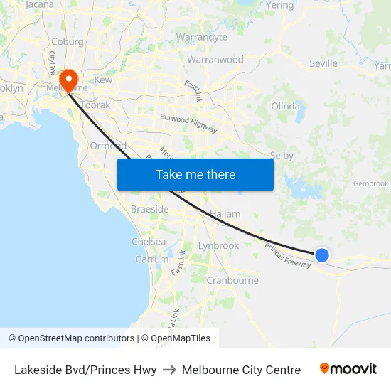 Lakeside Bvd/Princes Hwy to Melbourne City Centre map