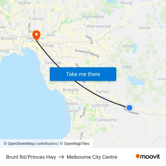 Brunt Rd/Princes Hwy to Melbourne City Centre map